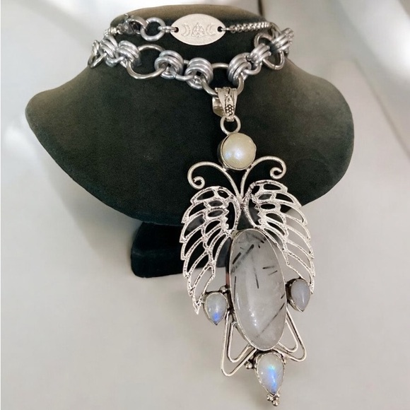 925 sterling silver overlay butterfly iridescent moonstone & quartz gem necklace - Picture 1 of 12